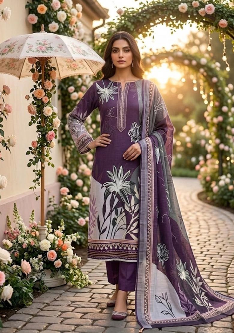 Purple Printed Cotton Kurta Set - Indya