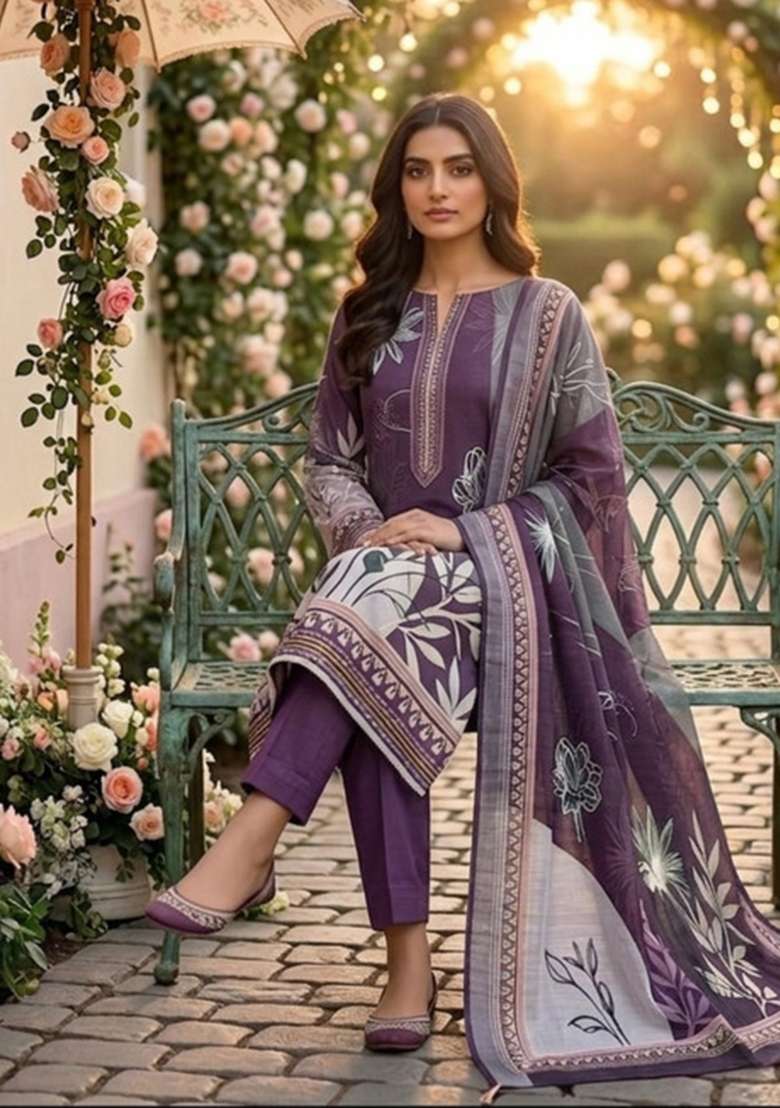 Purple Printed Cotton Kurta Set - Indya