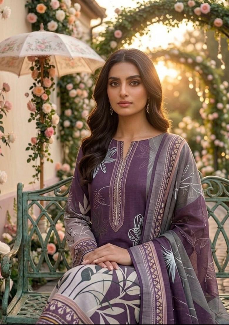 Purple Printed Cotton Kurta Set - Indya
