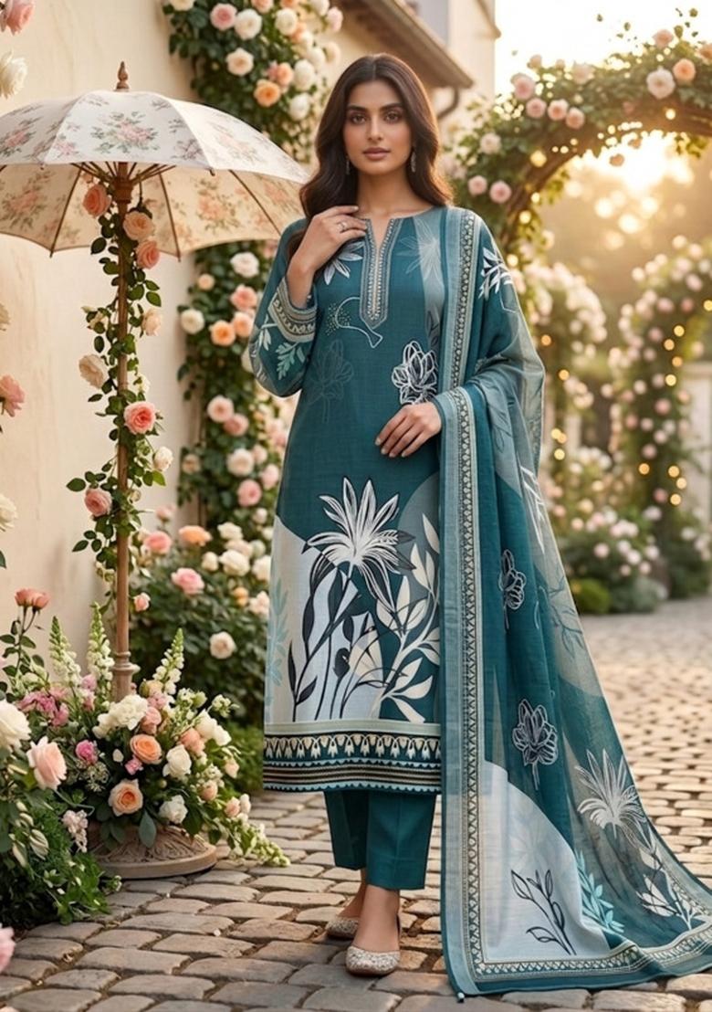 Sea Green Printed Cotton Kurta Set - Indya