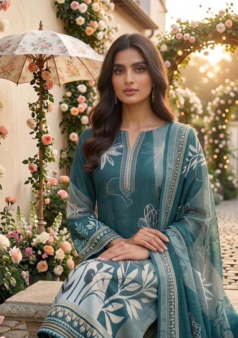 Sea Green Printed Cotton Kurta Set - Indya