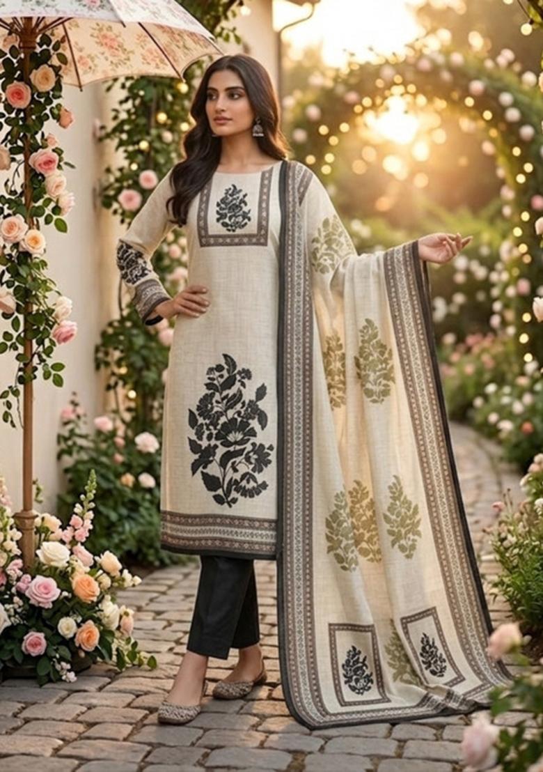 Beige Printed Cotton Kurta Set - Indya