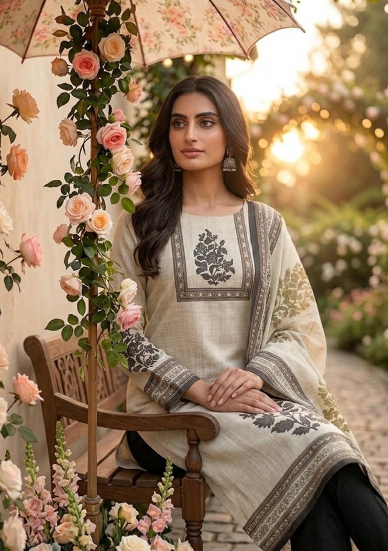 Beige Printed Cotton Kurta Set - Indya