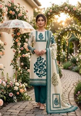 Beige Printed Cotton Kurta Set