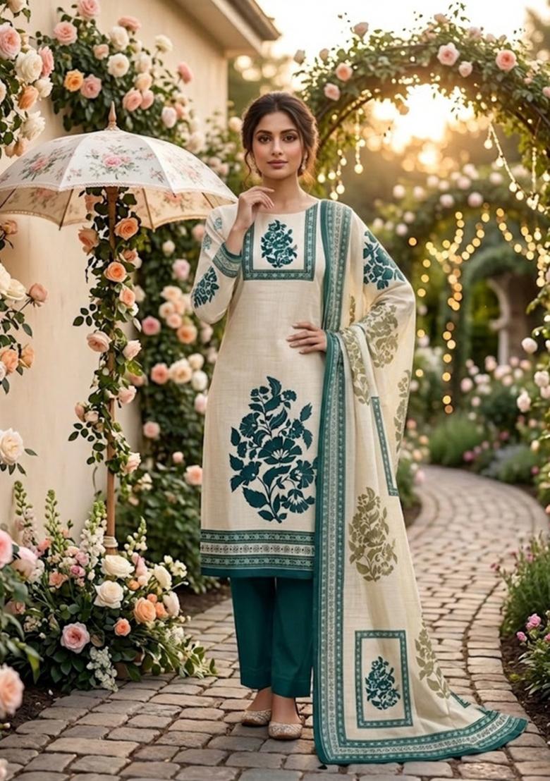 Beige Printed Cotton Kurta Set - Indya