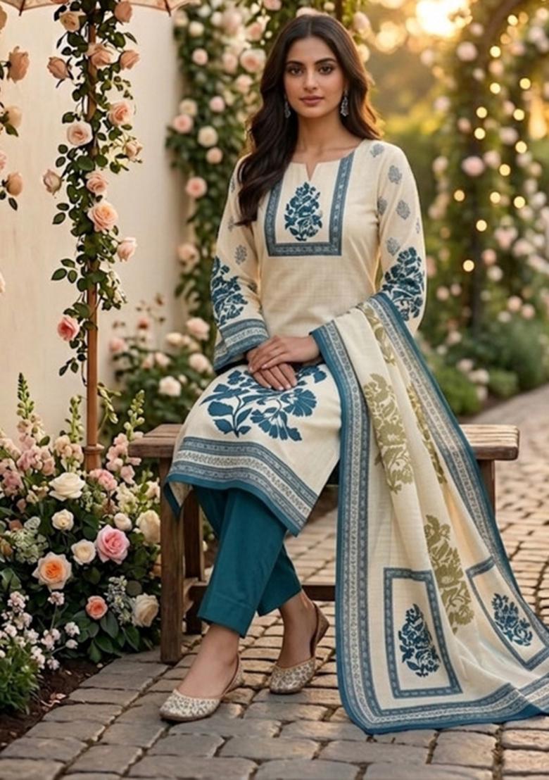 Beige Printed Cotton Kurta Set - Indya