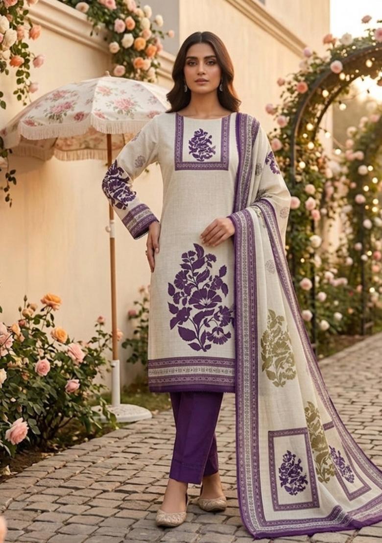 Beige Printed Cotton Kurta Set - Indya