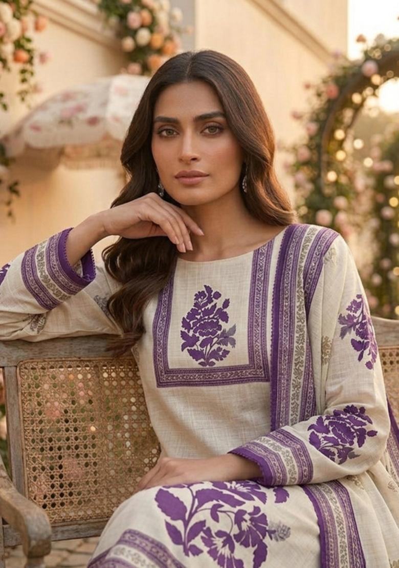 Beige Printed Cotton Kurta Set - Indya
