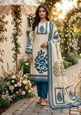 Beige Printed Cotton Kurta Set