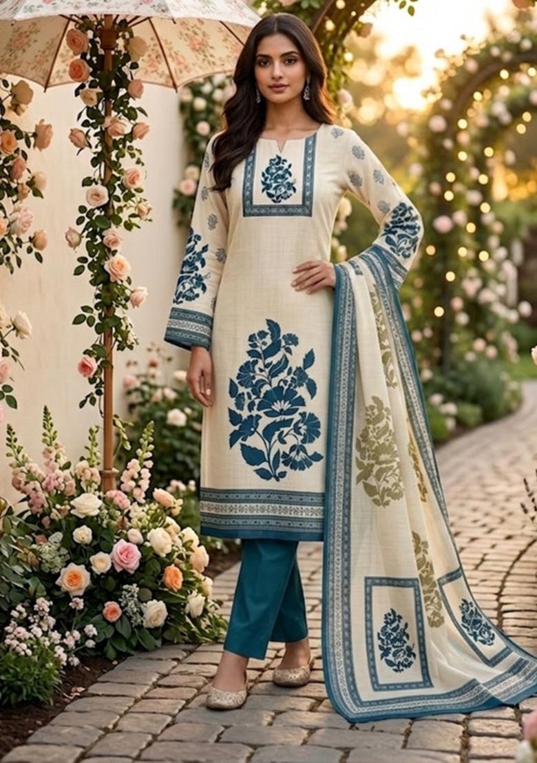 Beige Printed Cotton Kurta Set - Indya