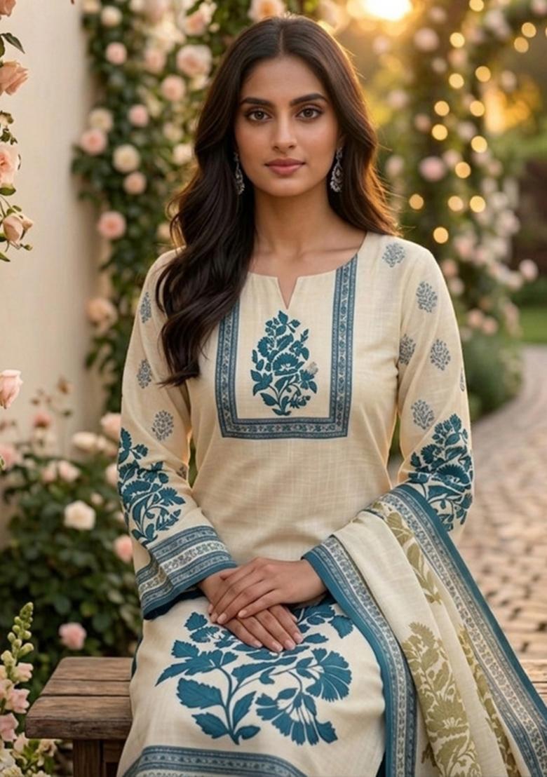 Beige Printed Cotton Kurta Set - Indya