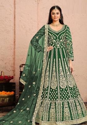 Green Sequin Work Net Kurta Set