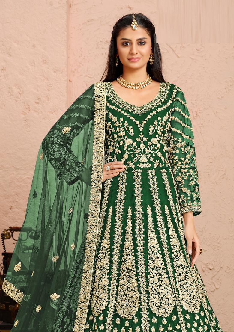 Green Sequin Work Net Kurta Set - Indya