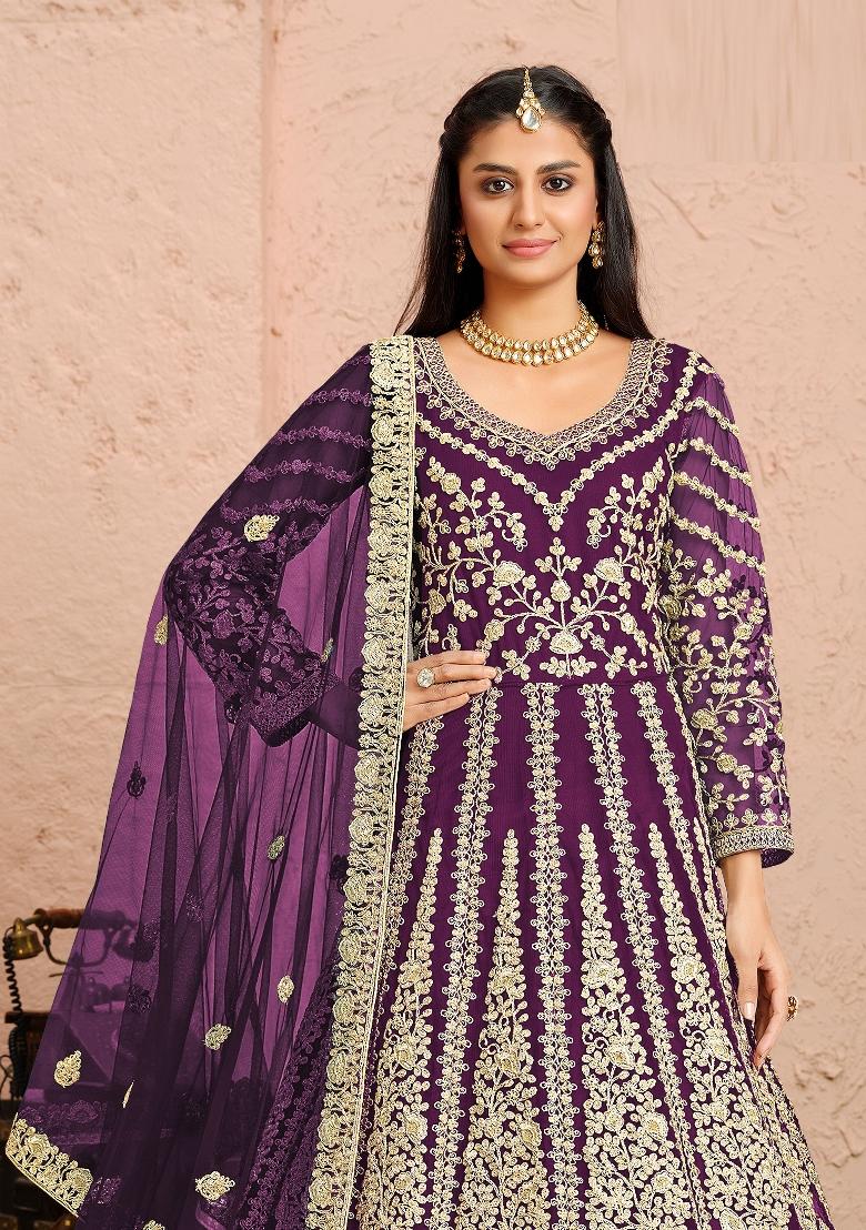Purple Sequin Work Net Kurta Set - Indya