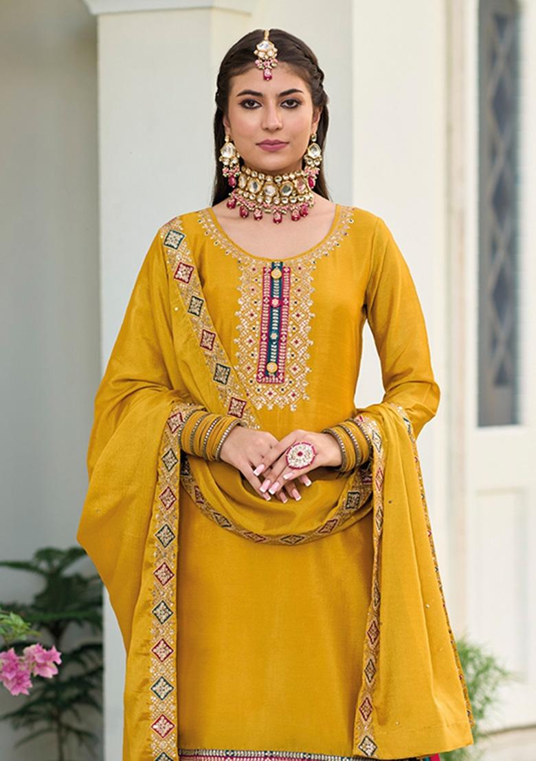 Mustard Sequin Work Chinon Palazzo Set - Indya