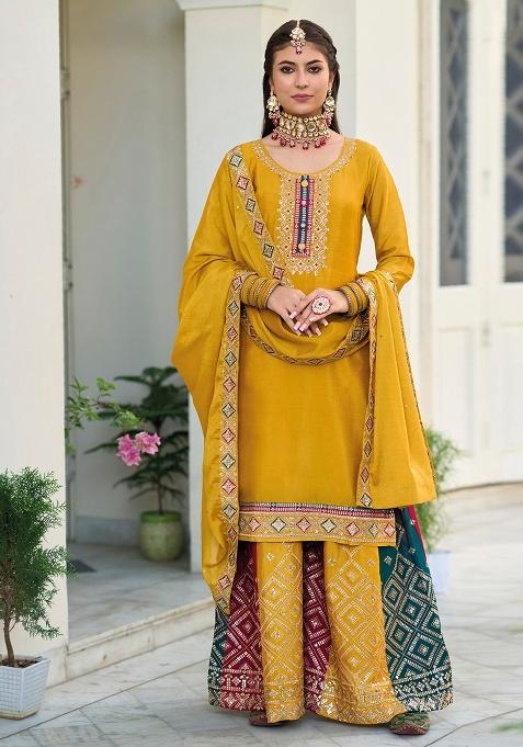 Mustard Sequin Work Chinon Palazzo Set