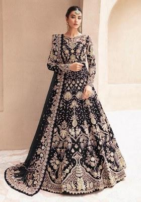 Black Embroidered Net Anarkali With Dupatta