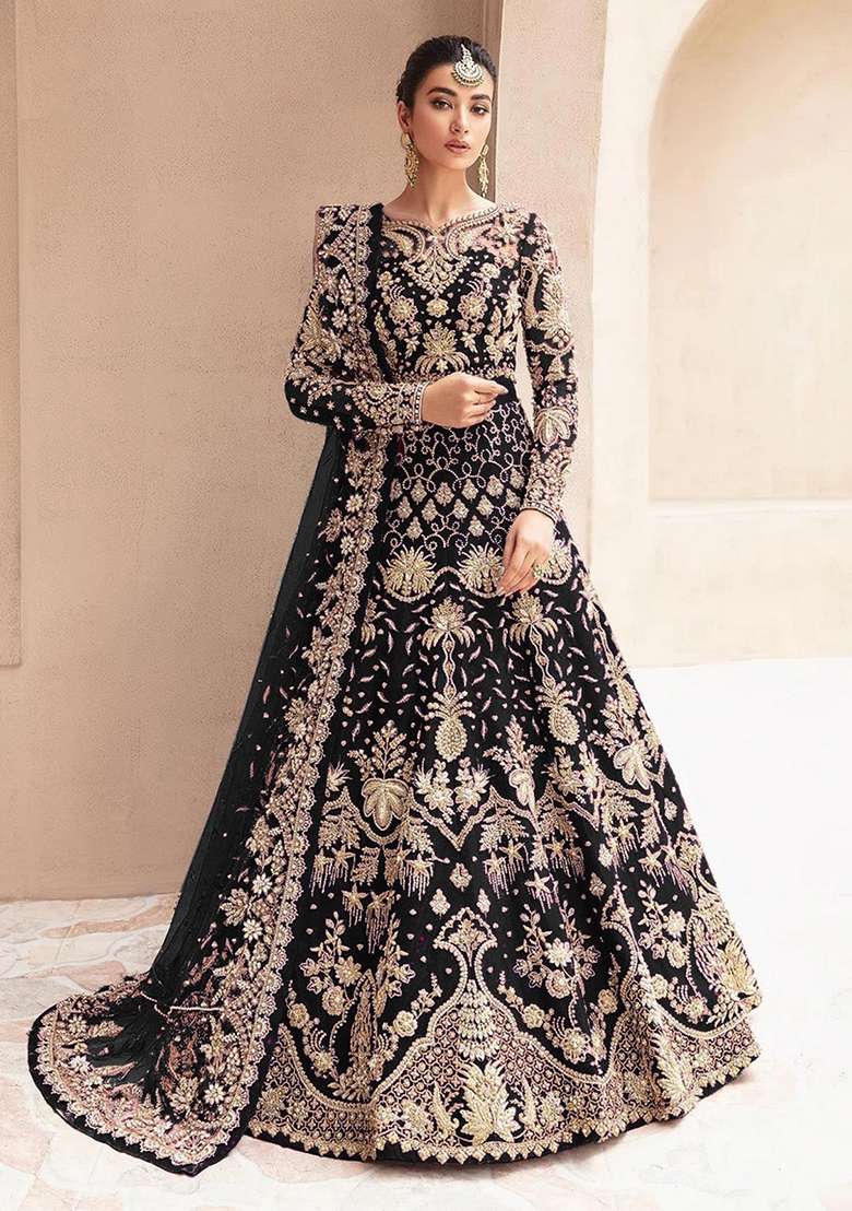 Black Embroidered Net Anarkali With Dupatta - Indya