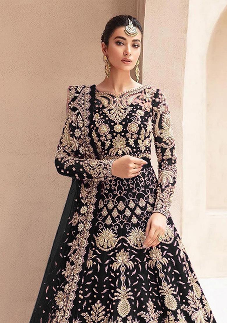Black Embroidered Net Anarkali With Dupatta - Indya