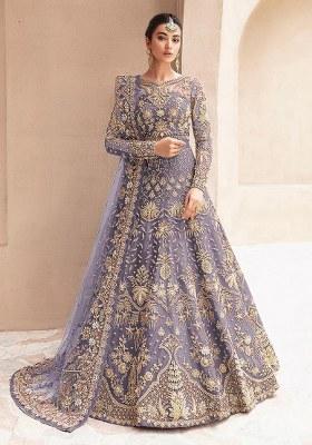 Lavender Embroidered Net Anarkali With Dupatta