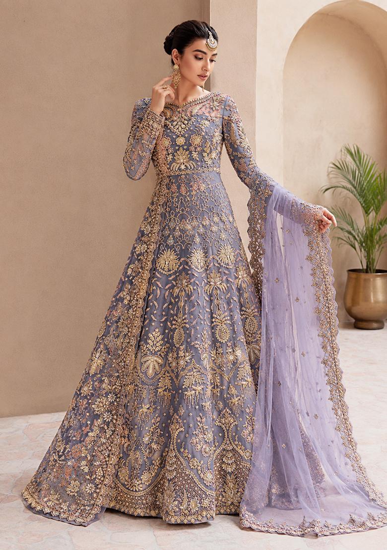 Lavender Embroidered Net Anarkali With Dupatta - Indya