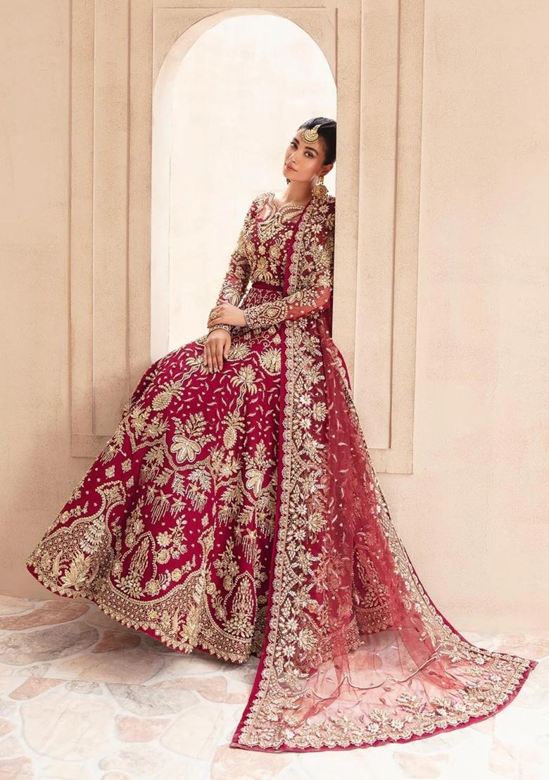 Maroon Embroidered Net Anarkali With Dupatta - Indya