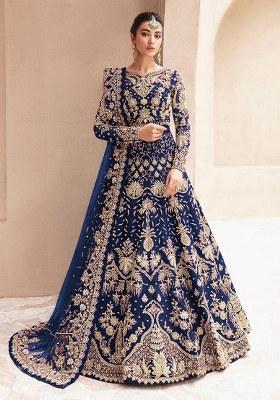 Navy Blue Embroidered Net Anarkali With Dupatta
