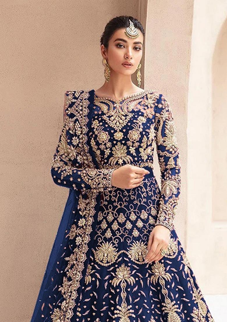 Navy Blue Embroidered Net Anarkali With Dupatta - Indya
