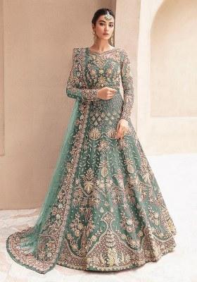 Sky Blue Embroidered Net Anarkali With Dupatta