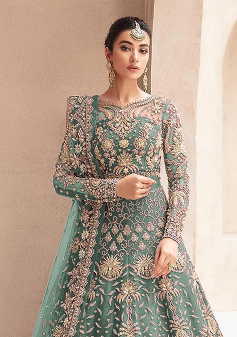 Sky Blue Embroidered Net Anarkali With Dupatta - Indya