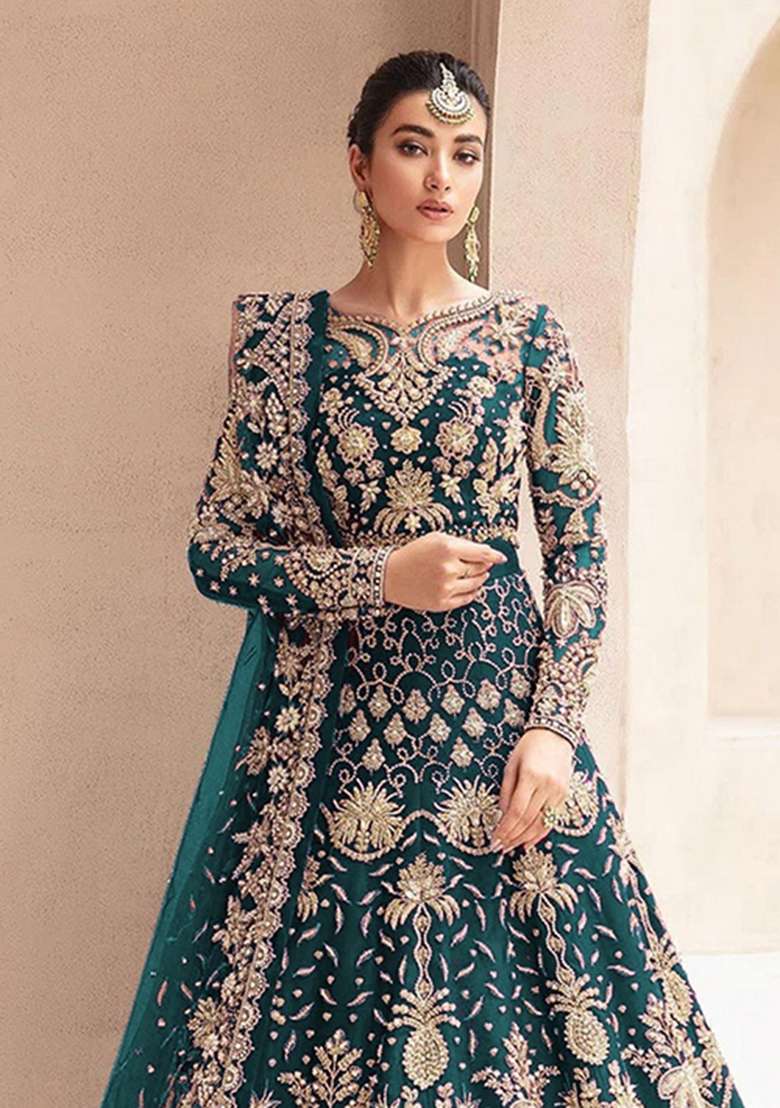 Teal Blue Embroidered Net Anarkali With Dupatta - Indya
