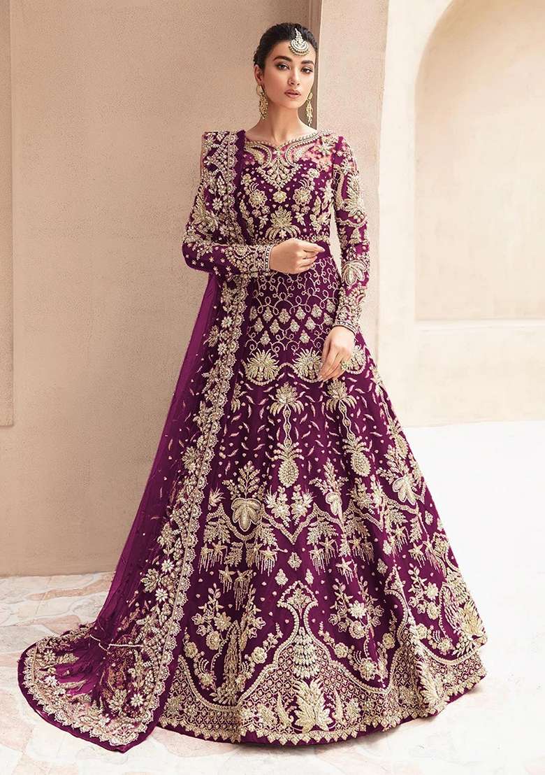Wine Embroidered Net Anarkali With Dupatta - Indya