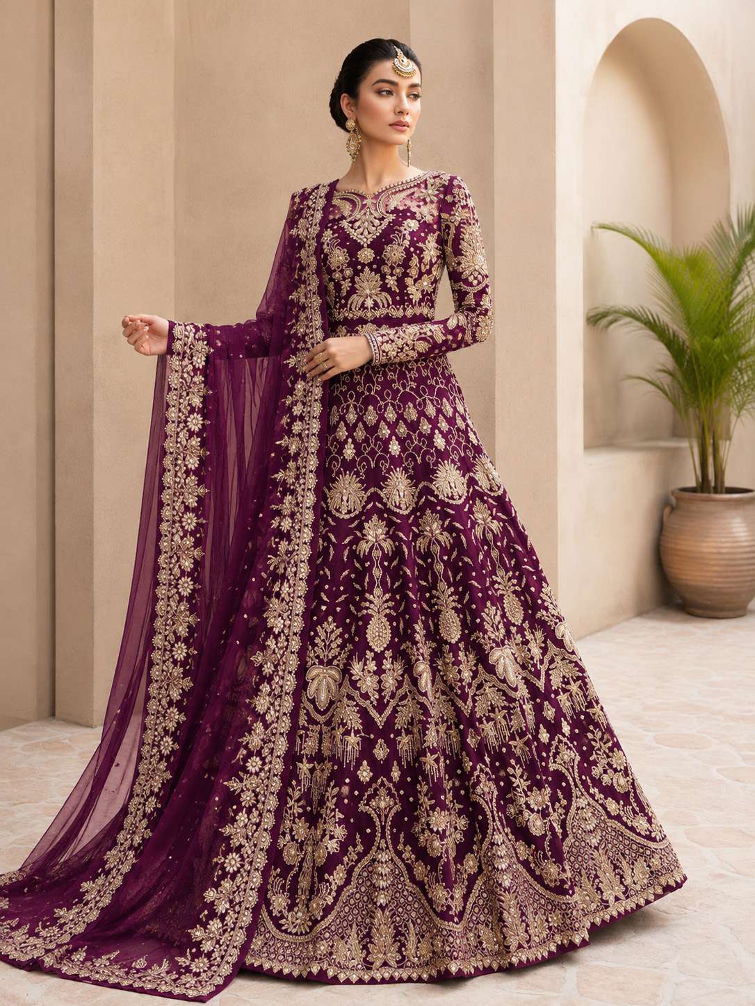Wine Embroidered Net Anarkali With Dupatta - Indya