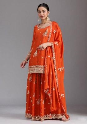 Orange Embroidered Silk Kurta Set