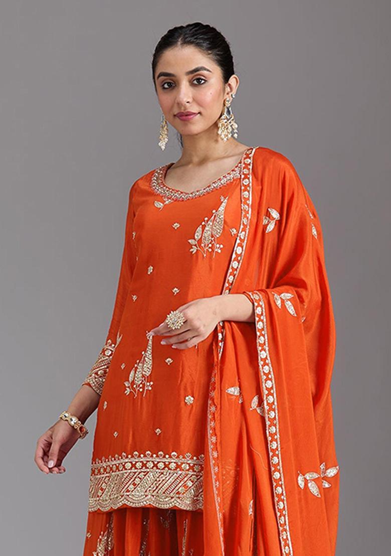 Orange Embroidered Silk Kurta Set - Indya