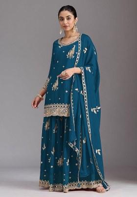 Teal Blue Embroidered Silk Kurta Set