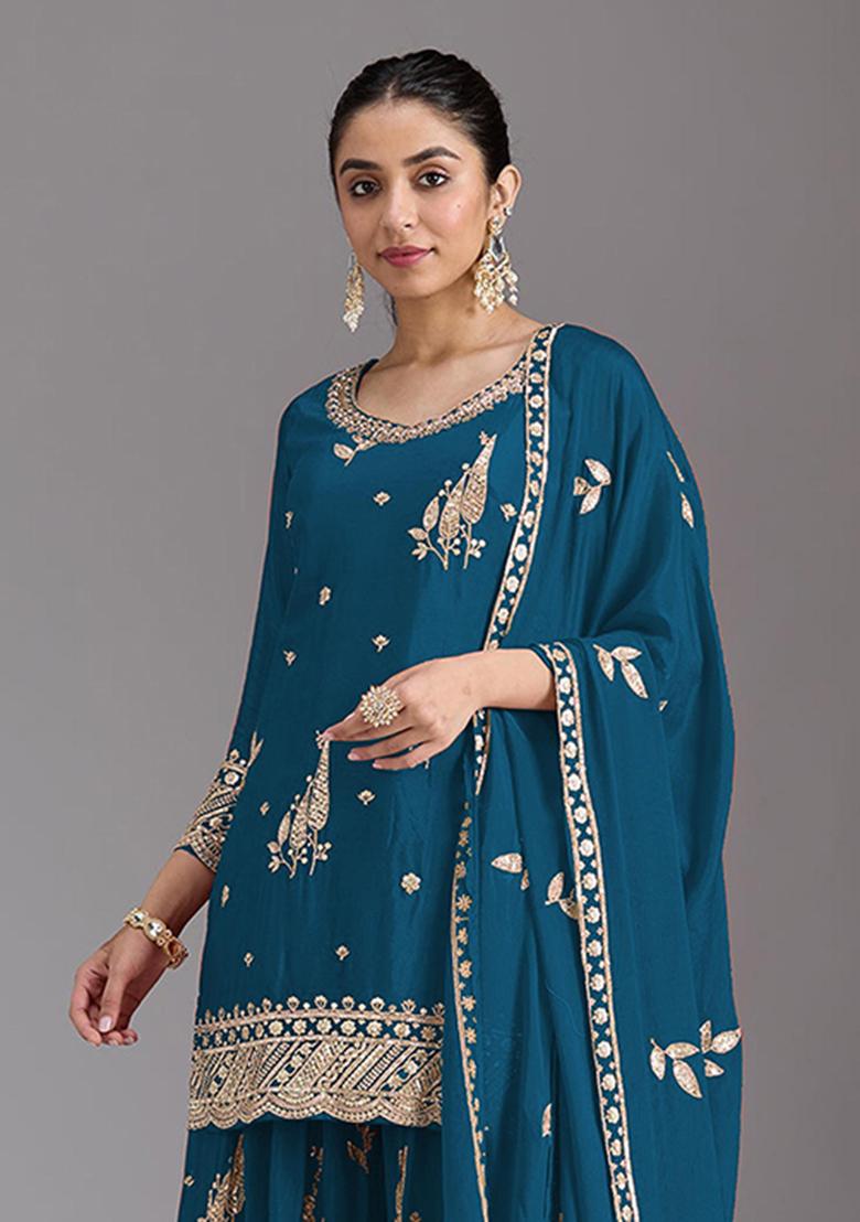 Teal Blue Embroidered Silk Kurta Set - Indya