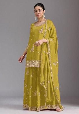 Mustard Embroidered Silk Kurta Set