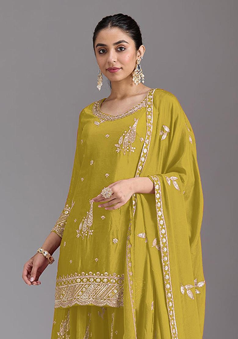 Mustard Embroidered Silk Kurta Set - Indya