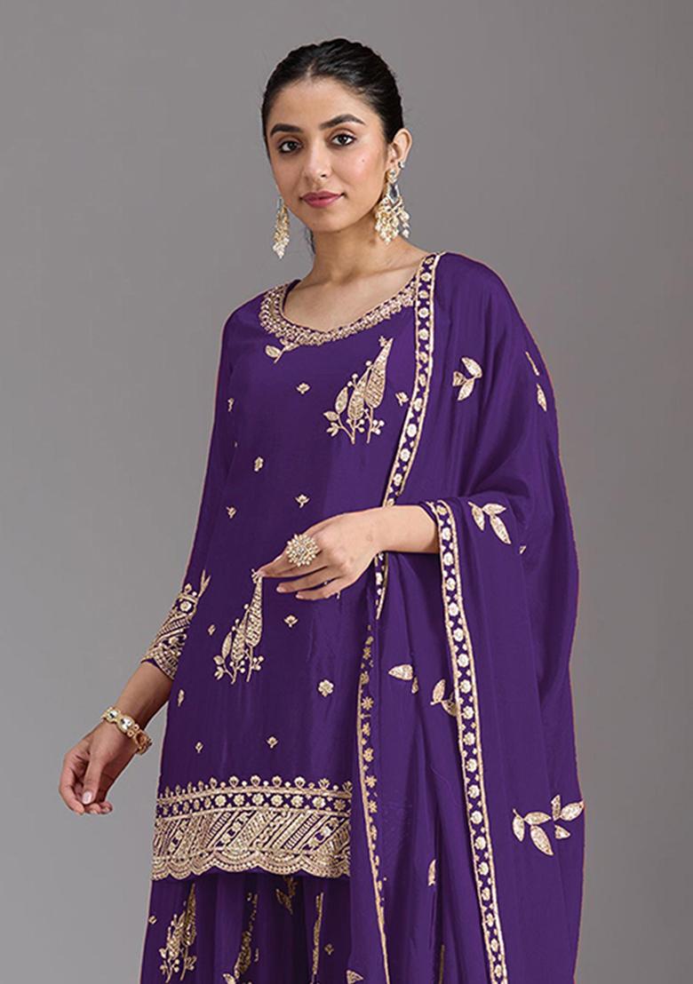 Violet Embroidered Shimmer Kurta Set - Indya