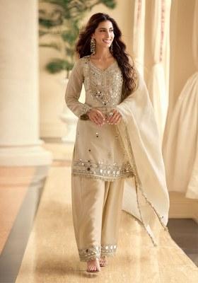 Beige Embroidered Shimmer Kurta Set