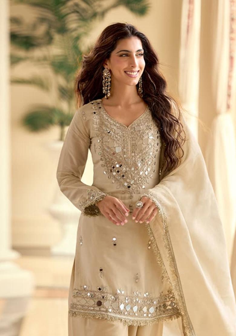 Beige Embroidered Shimmer Kurta Set - Indya