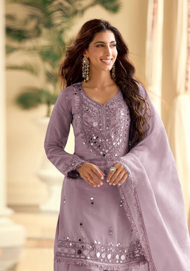 Lavender Embroidered Shimmer Kurta Set - Indya