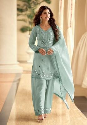Sky Blue Embroidered Shimmer Kurta Set