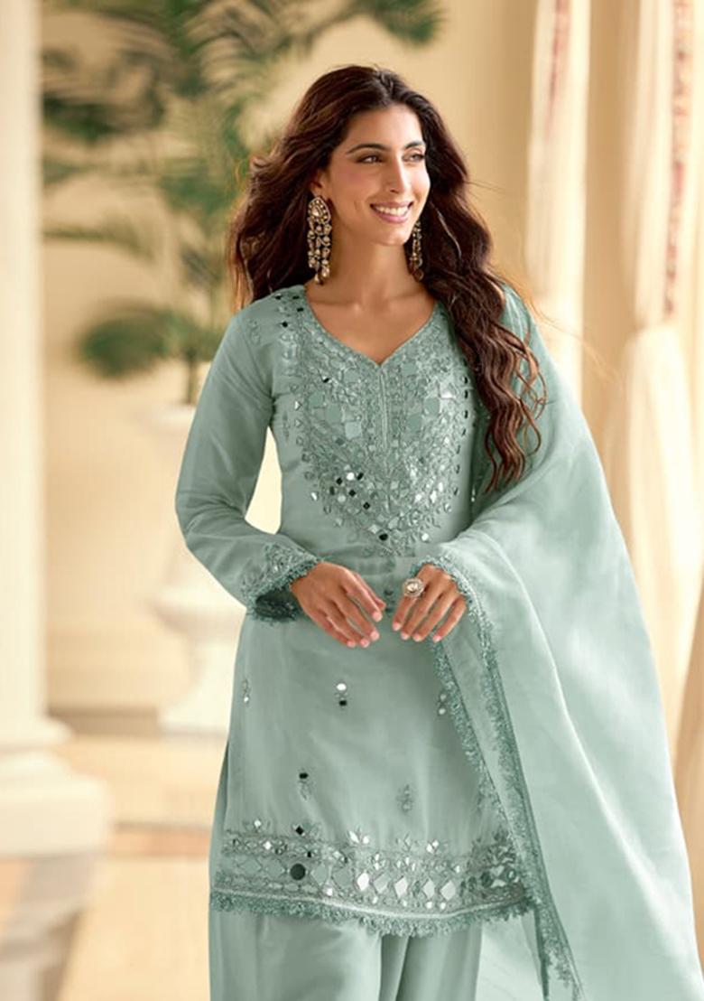 Sky Blue Embroidered Shimmer Kurta Set - Indya