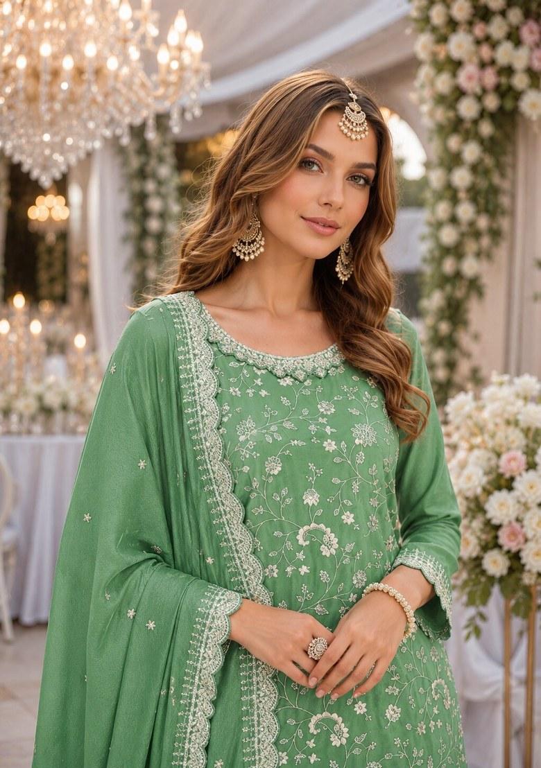 Green Embroidered Silk Palazzo Set - Indya