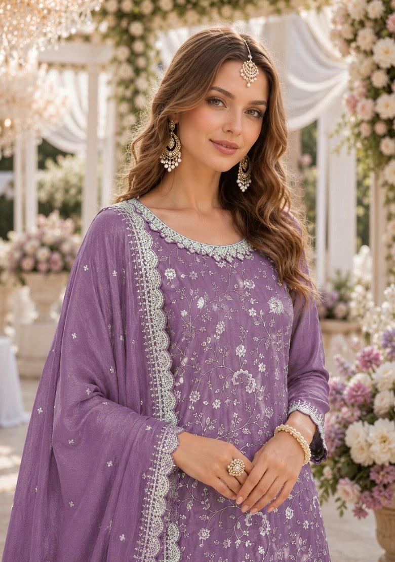 Lavender Embroidered Silk Palazzo Set - Indya