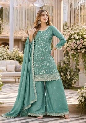 Aqua Blue Embroidered Silk Palazzo Set