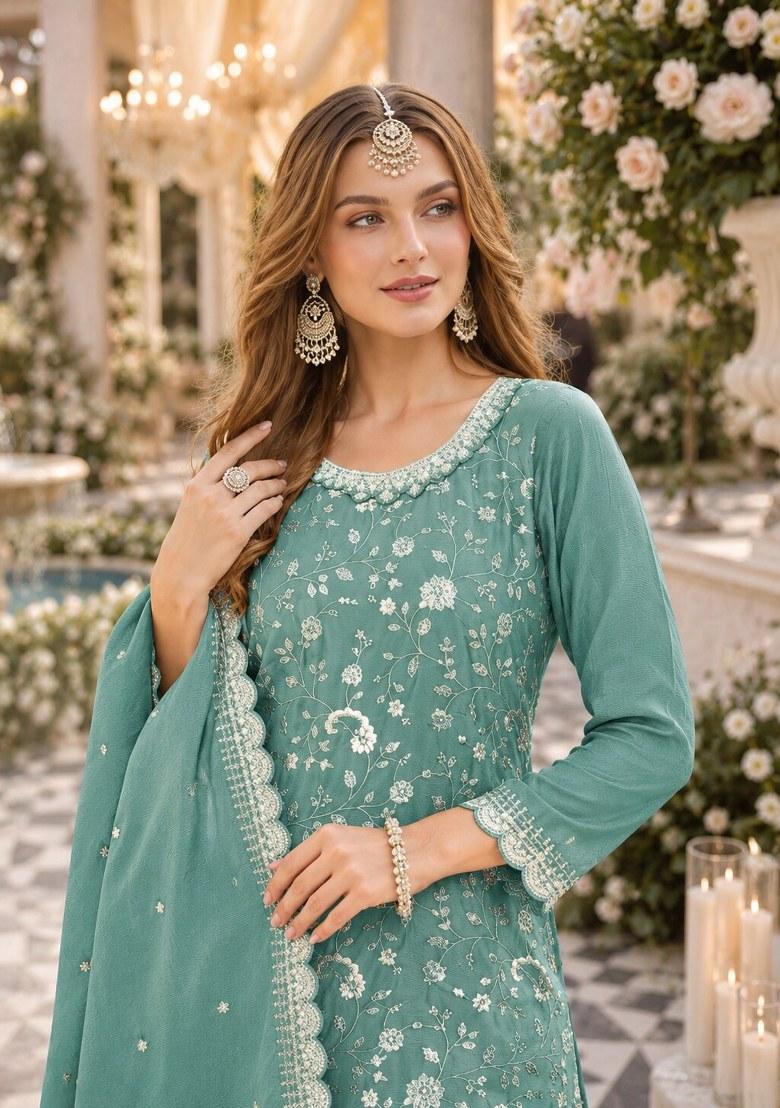 Aqua Blue Embroidered Silk Palazzo Set - Indya