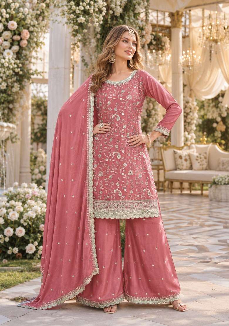 Peach Embroidered Silk Palazzo Set - Indya